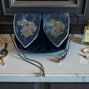 Genie Drawstring Bag Womens Small Black Velvet Satin Beaded Floral Evening Pouch